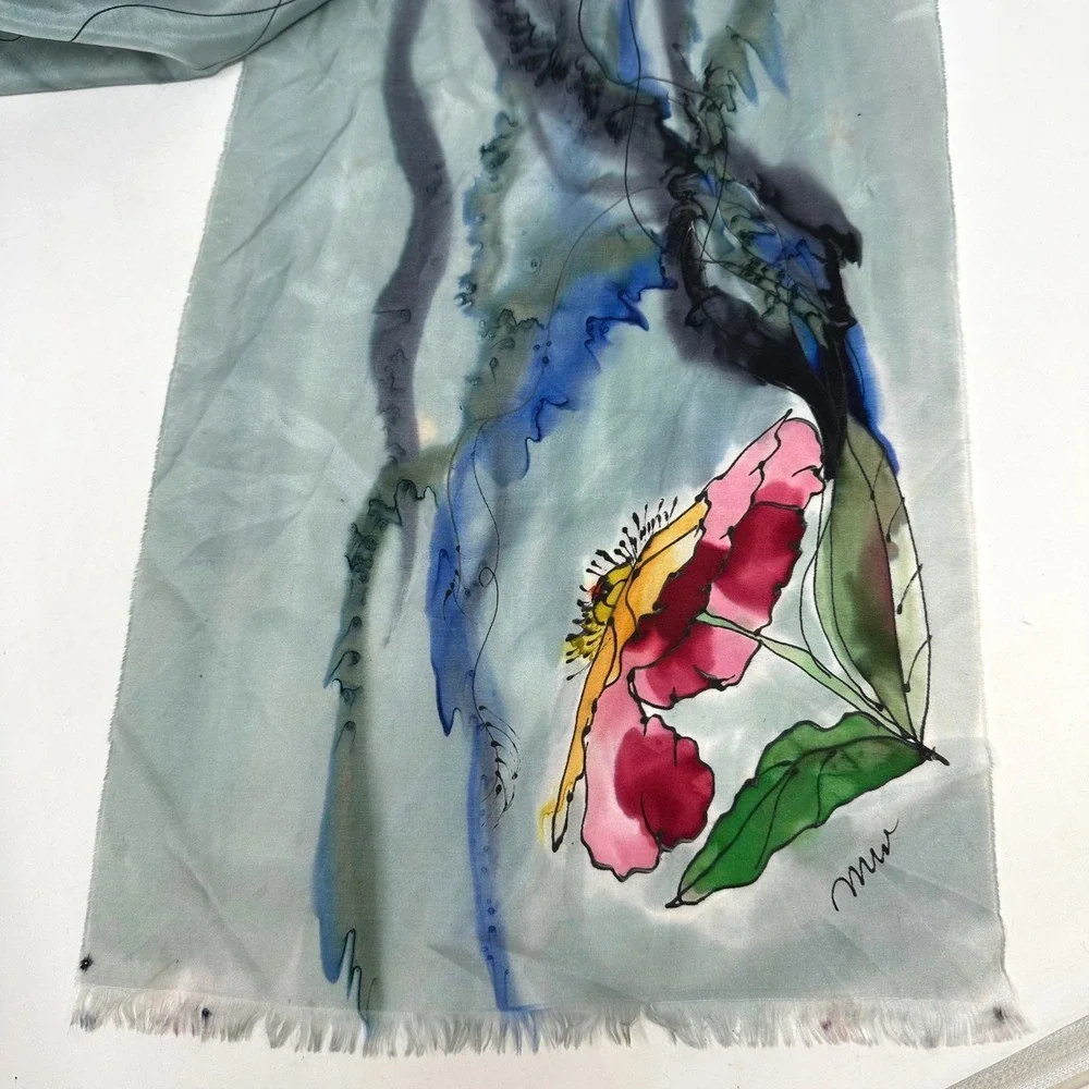 Hand Painted‎ Silk Scarf with Watercolor Floral & Abstract Print 11x44